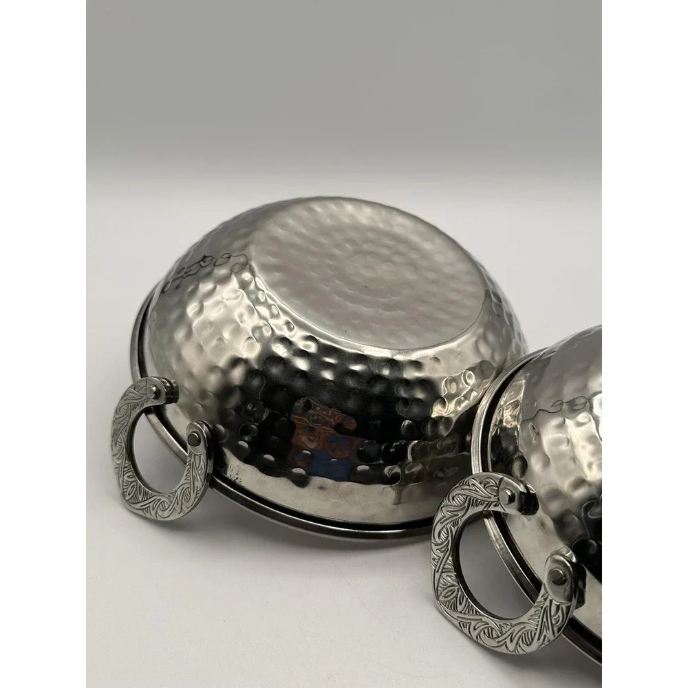 Pair of Hammered Metal Bowls — Ornate Engraved Handles, Vintage Decorative Bowls